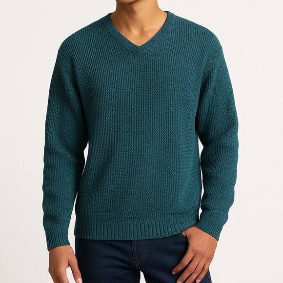 Structure vintage textured knit ramie cotton V neck sweater relaxed fit M teal - Picture 1 of 6